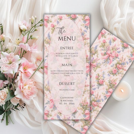 Menu Mariage Élégant Vintage Fleur Rose