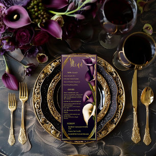 Menu Mariage Élégant Violet Pourpre et Or au Lys de Cal