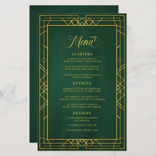 Menu Mariage Emerald cadre or géométrique antique (Devant / Derrière)
