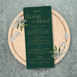 Menu Mariage Emerald Green And Gold Elegant Script<br><div class="desc">Elégante carte de menu mariage couleur vert émeraude et or avec des noms de style signature,  cette carte de menu moderne peut être personnalisée avec vos informations en lettres d'or chic. Conçu par Thisisnotme©</div>