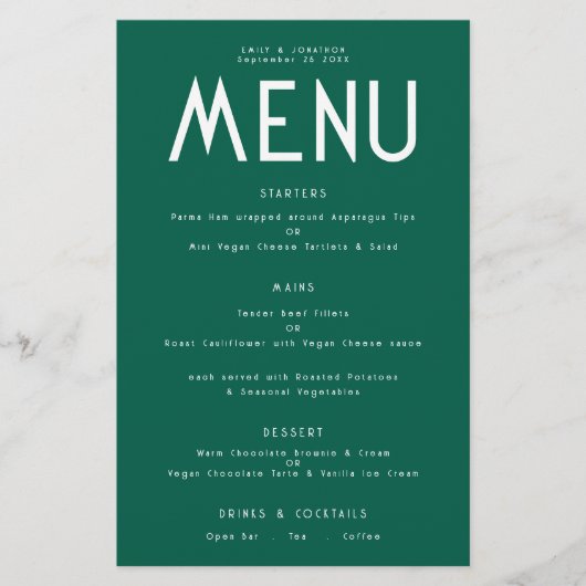 Menu Mariage Émeraude Texte simple Budget (Devant)