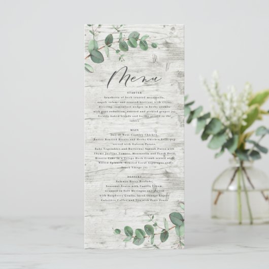 Menu Mariage en bois blanc à eucalyptus minimal moderne (Debout devant)