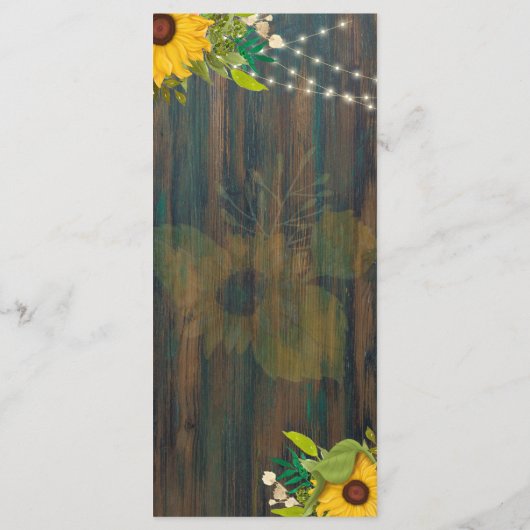 Menu Mariage en bois rustique des tournesols d'été (Dos)