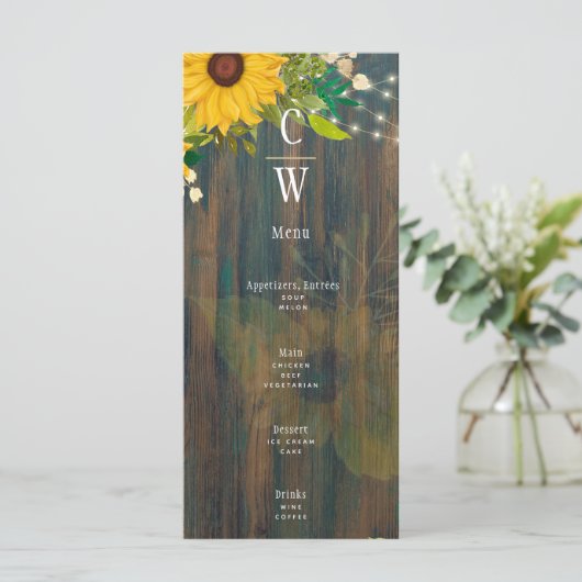 Menu Mariage en bois rustique des tournesols d'été (Debout devant)
