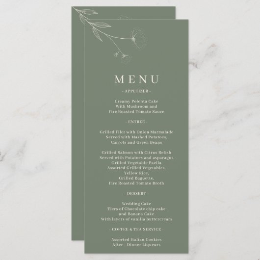 Menu Mariage en coton Sage Green Flower Art (Devant / Derrière)