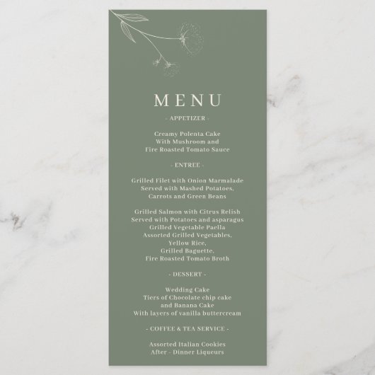 Menu Mariage en coton Sage Green Flower Art (Devant)