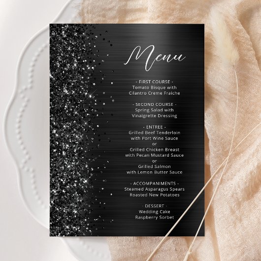 Menu Mariage en écriture scintillante Glam noir
