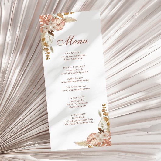 Menu Mariage en herbe moderne Boho Floral Pampas