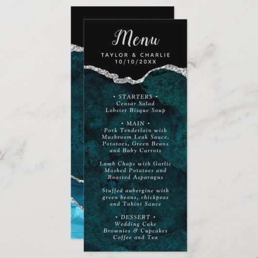 Menu Mariage en marbre bleu turquoise et gris argenté (Devant / Derrière)