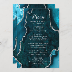 Menu Mariage en marbre bleu turquoise et gris argenté