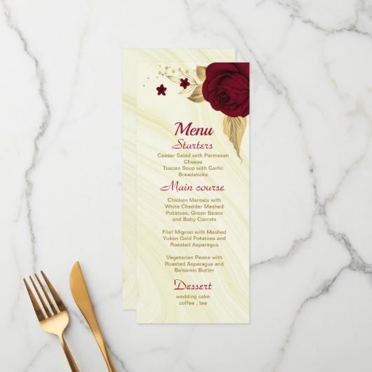 Menu mariage en marbre fleuri or bordeaux (Devant/Arrière en situation)