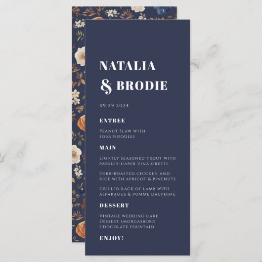 Menu Mariage en terre cuite Dark Boho Navy (Devant / Derrière)