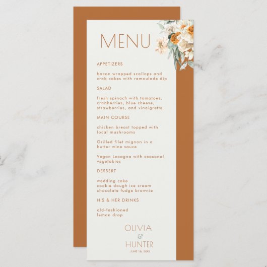 Menu Mariage en terre cuite fleurie moderne (Devant / Derrière)