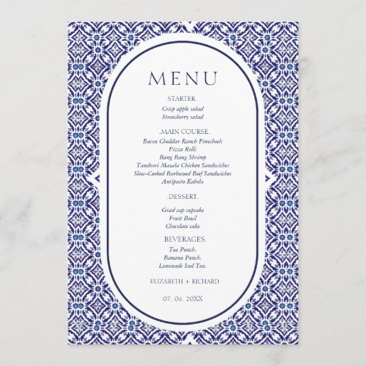Menu Mariage espagnol Blue Mexican Talavera (Devant)