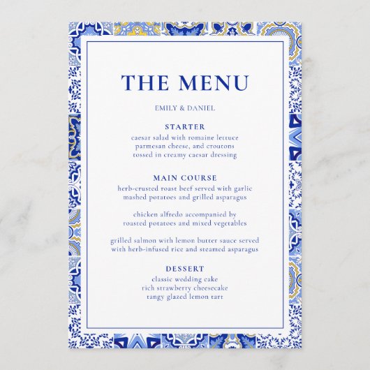 Menu Mariage espagnol mexicain Blue Talavera (Devant)