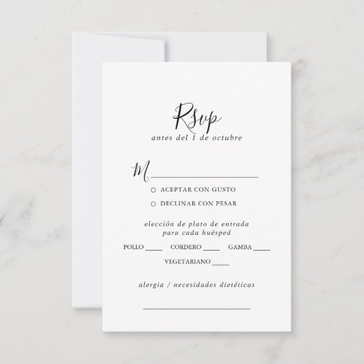 Menu Mariage espagnol simple Choix RSVP (Devant)