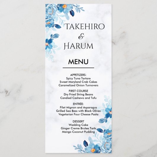 Menu Mariage estival fleur élégante bleue (Devant)