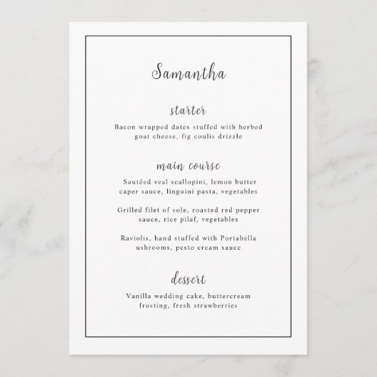 Menu Mariage Éternel Noir et Blanc Nom de l'Invité (Devant)
