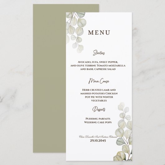 Menu Mariage Eucalyptus aquarelle (Devant / Derrière)