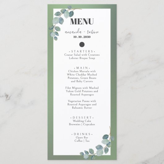 Menu Mariage Eucalyptus vert Aquarelle (Devant)