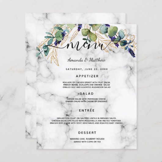 Menu mariage eucalyptus vert marbre or (Devant / Derrière)