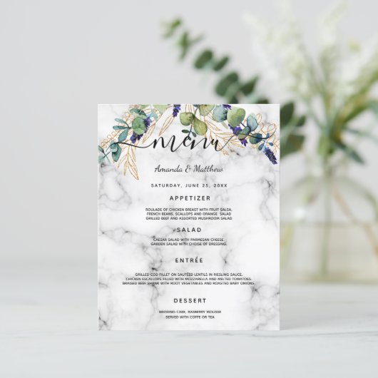 Menu mariage eucalyptus vert marbre or (Debout devant)