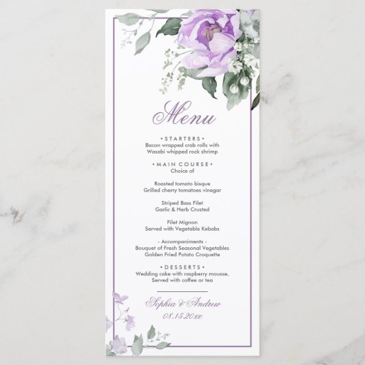 Menu Mariage Eucalyptus Violet Fleurs (Devant)
