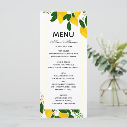 Menu mariage faire-part de mariage jaune citron (Debout devant)