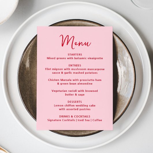 Menu Mariage Fantaisie aux Cœurs Roses et Rouges