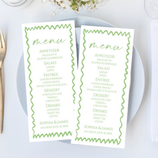 Menu Mariage Fantaisiste Citron Vert Bordure Ondulée