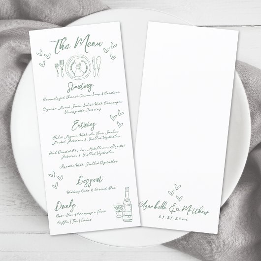 Menu Mariage fantaisiste vert dessiné à la main
