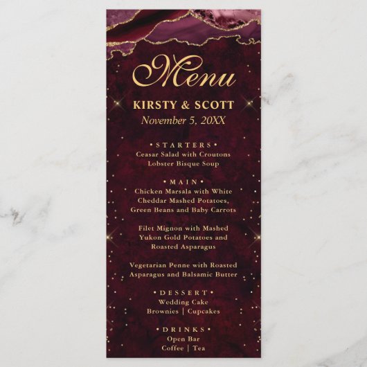Menu Mariage Faux Paillettes Agate Rouge et Or (Devant)