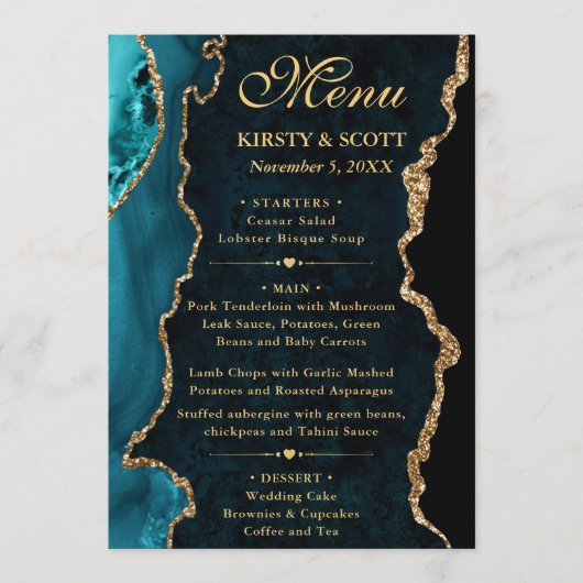 Menu Mariage Faux Paillettes Agate Sarcelle et Or (Devant)