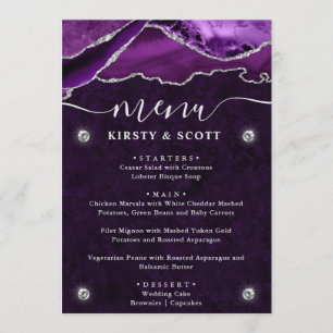 Menu Mariage Faux Paillettes Agate Violet et Argent