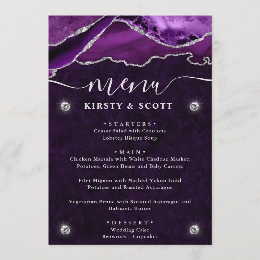 Menu Mariage Faux Paillettes Agate Violet et Argent (Devant)