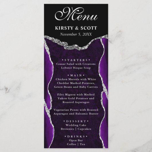 Menu Mariage Faux Paillettes Agate Violet et Argent (Devant)