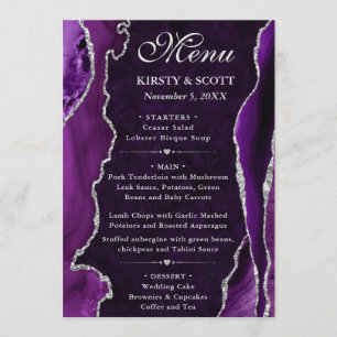 Menu Mariage Faux Paillettes Agate Violet et Argent