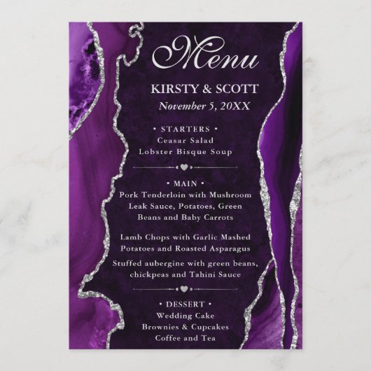 Menu Mariage Faux Paillettes Agate Violet et Argent (Devant)
