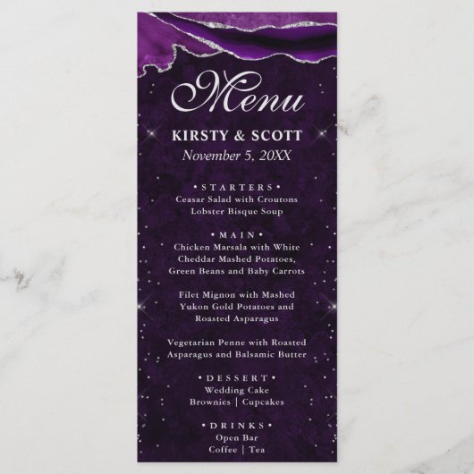 Menu Mariage Faux Paillettes Agate Violet et Argent (Devant)