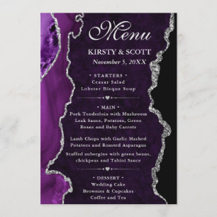 Menu Mariage Faux Paillettes Agate Violet et Argent