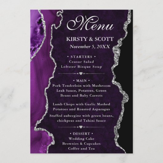 Menu Mariage Faux Paillettes Agate Violet et Argent (Devant)