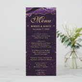 Menu Mariage Faux Paillettes Agate Violet et Or (Debout devant)