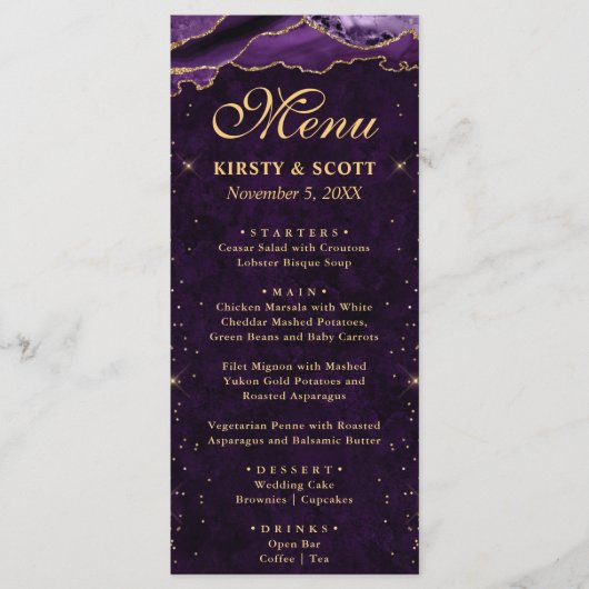 Menu Mariage Faux Paillettes Agate Violet et Or (Devant)