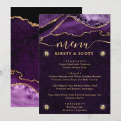 Menu Mariage Faux Paillettes Agate Violet et Or (Devant / Derrière)