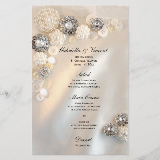 Menu Mariage Faux White Pearl et Diamond Buttons (Devant)