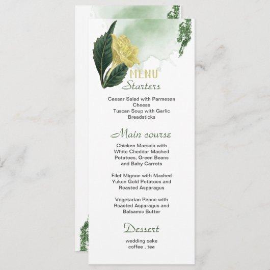 menu mariage feuille à fleurs jaunes (Devant / Derrière)