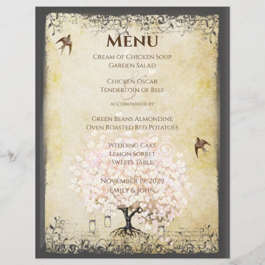 Menu Mariage Feuille de coeur rose (Devant)