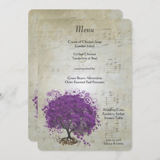 Menu Mariage Feuille de coeur violet (Devant / Derrière)