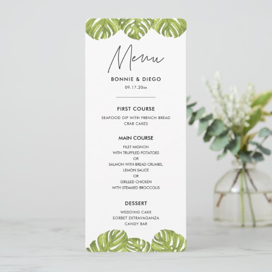 Menu Mariage feuille de palmier vert tropical (Debout devant)