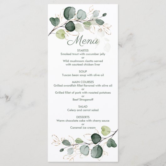 Menu Mariage Feuille Eucalyptus Gold (Devant)